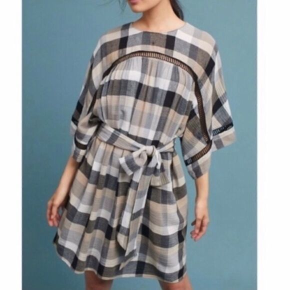Maeve Anthropologie Plaid Kimono Tunic Dress Tie WaistTan Black Small - Picture 5 of 14